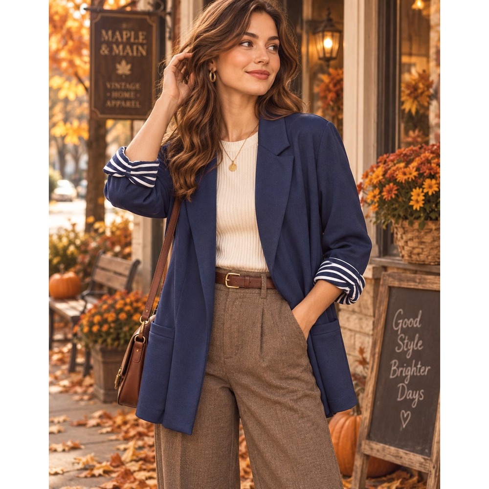 Gibson Navy Blue Open Front Knit Blazer Striped Cuffs Plus Size 3X IM6472JX